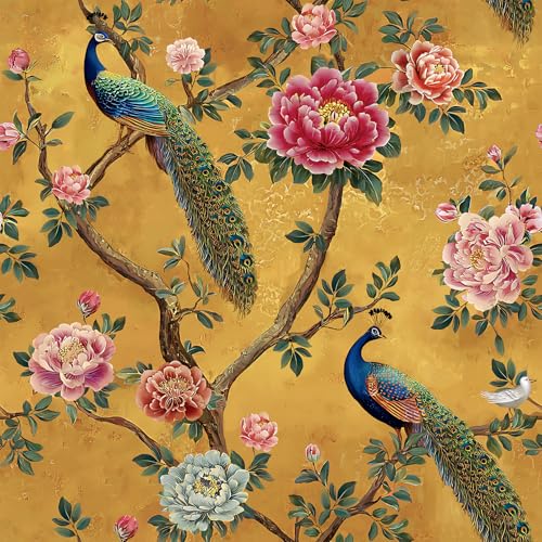 VEELIKE Vintage Peacock Peonies Floral Peel and Stick Wallpaper Mustard Chinoiserie Bird Wallpaper 17.7''x354'' Removable Self Adhesive Contact Paper Yellow Floral Wall Paper for Bedroom Bathroom