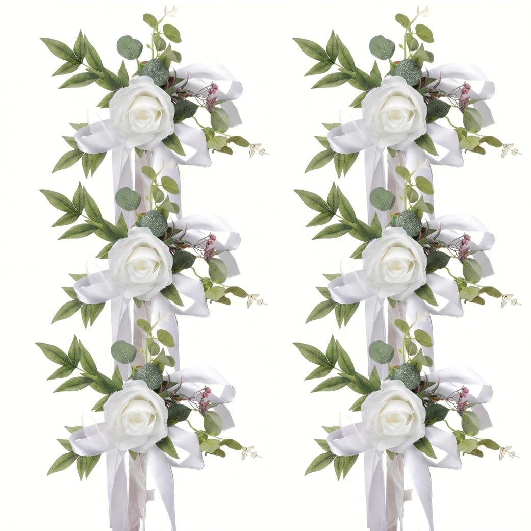 Ngbbby 6PCS Wedding Aisle Decorations, 10×18 Inch Artificial Wedding Flowers Church Pew Decorations Chair Back Floral Arrangements, White, Chair