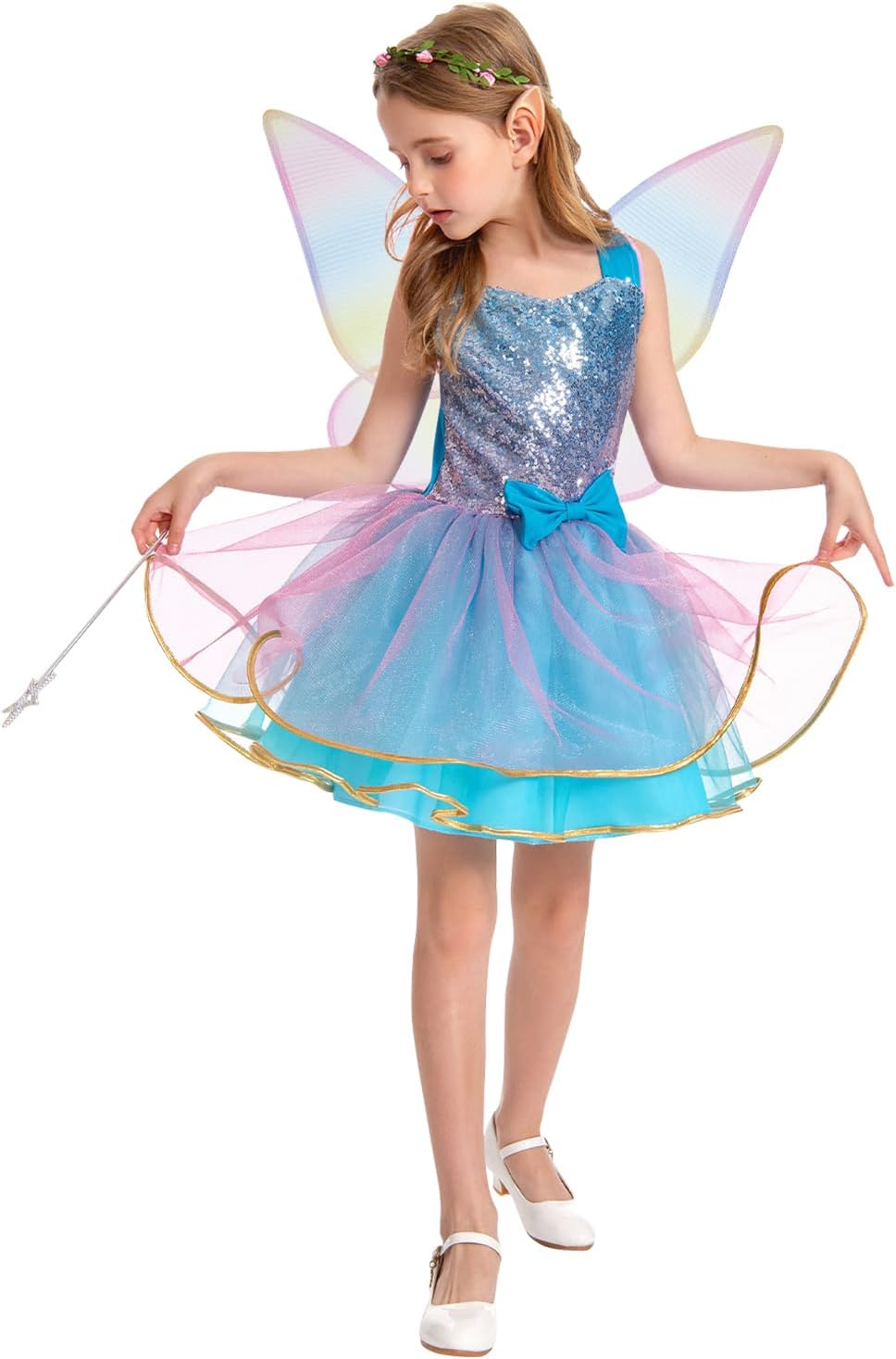 Fairy Costume Dress for Girls 3-10, Fairy Princess Pink Tutu Outfits Butterfly Wings Wand Headband Halloween Gifts - Image 3