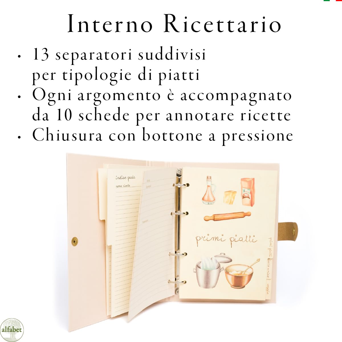 ALFABET - Ricettario Ad Anelli Da Scrivere, Scatola Regalo, Artigianale Italiano, Con Schede Tematiche, Carta Ecologica Stampata, Idea Regalo Per La Mamma, Per La Nonna, Per La Suocera, Cipria