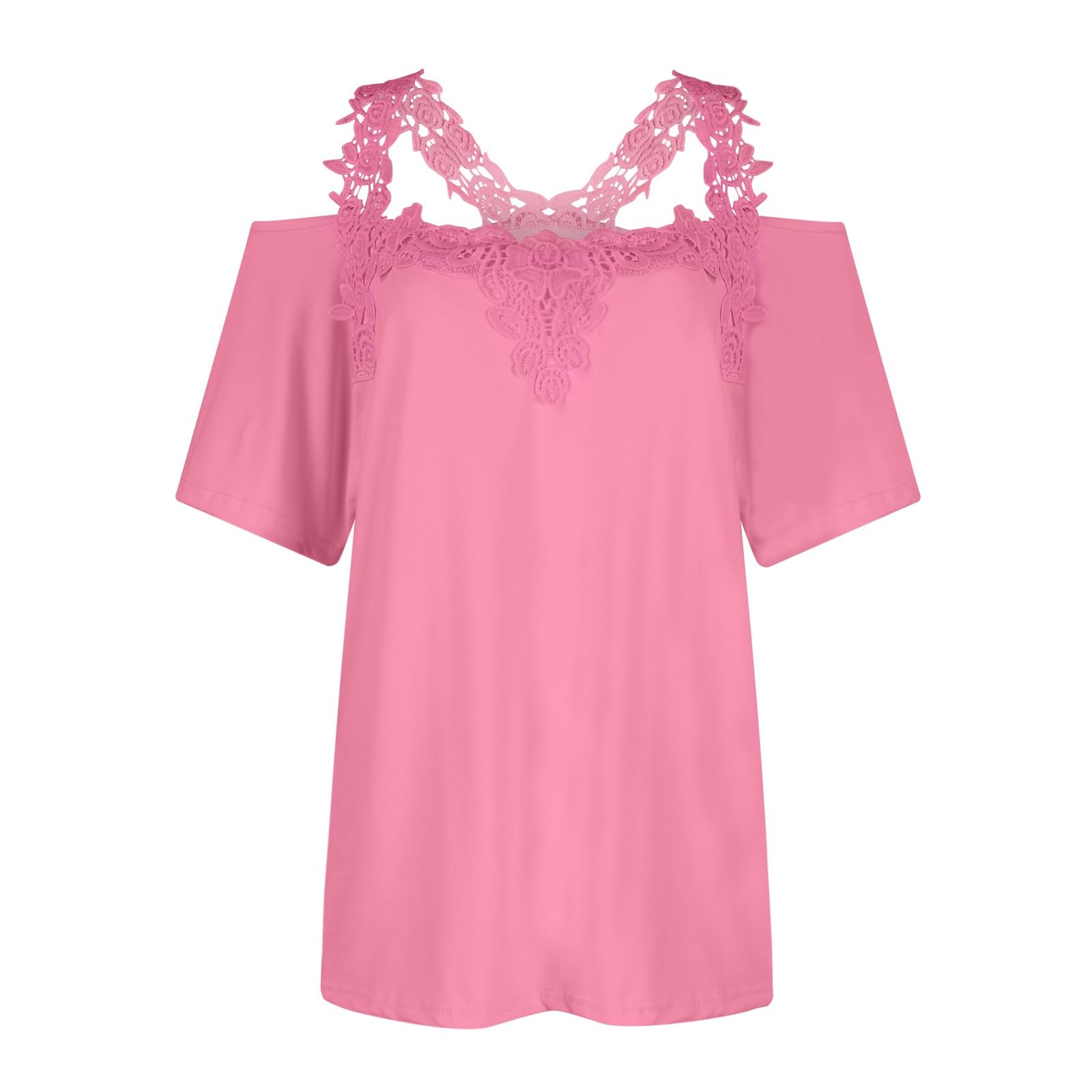 Lace Crochet Cold Shoulder Tops for Women 2025 Trendy Summer Short Sleeve Tunic Shirts Casual Loose Strappy Blouse