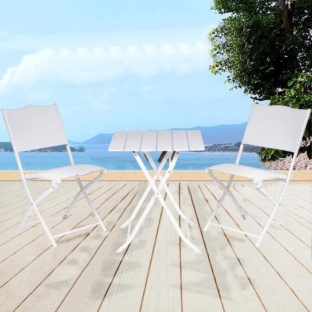 BAKAJI Set Tavolo Pieghevole con 2 Sedie Rivestimento in Textilene, Arredo Giardino Richiudibile con Struttura in Acciaio e Tavolino PE Effetto Legno, Esterno, Patio, Balcone, Resistente UV (Bianco)
