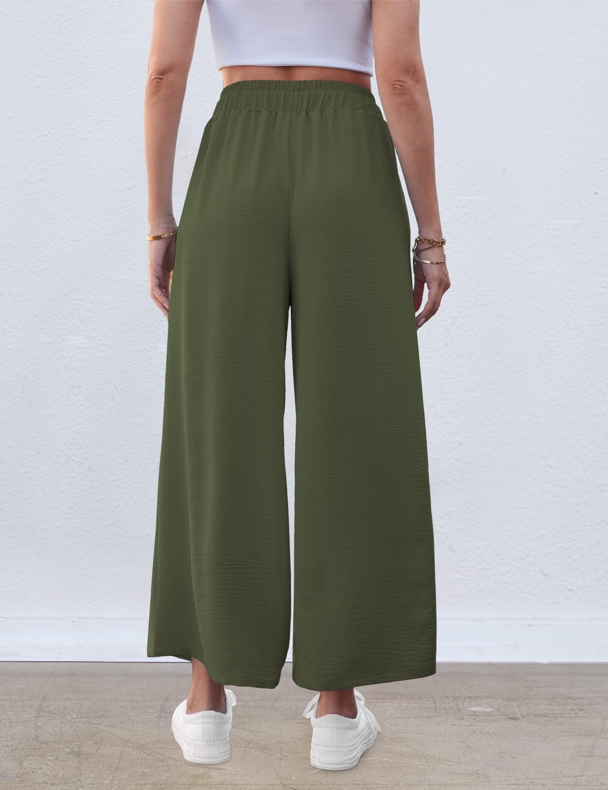 ZJCT Pantalones palazzo de pierna ancha para mujer, pantalones de playa de verano, holgados, casuales, pantalones de pijama para yoga, con bolsillos, Verde militar, Medium