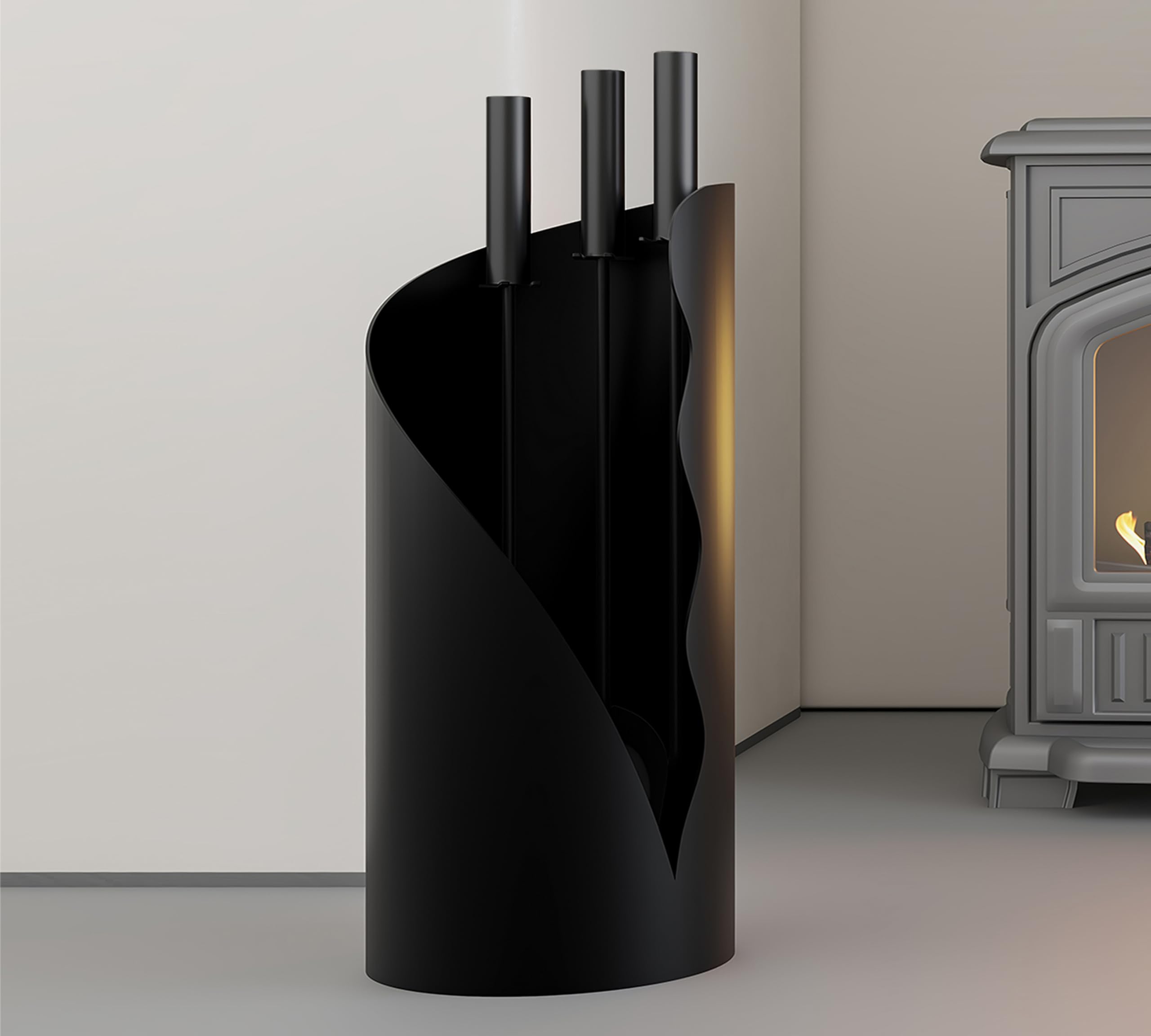 Kingson Juego Moderno de Accesorios para Chimenea con Soporte - 3 Herramientas, Altura de 52,5 cm, Base Cilíndrica de 18 cm, Mangos de Acero Inoxidable Negro - Accesorios para Chimenea, Estufa de Leña