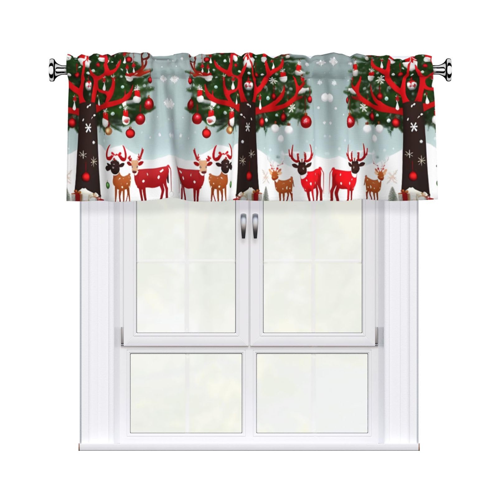 LMNGH Cow Deer Trees Christmas Curtain Valance for Windows,Kitchen Window Curtains Blackout Drapes Window Treatments Decorative Rod Pocket Short Curtain for Living Room Bedroom,54" W x 18" L