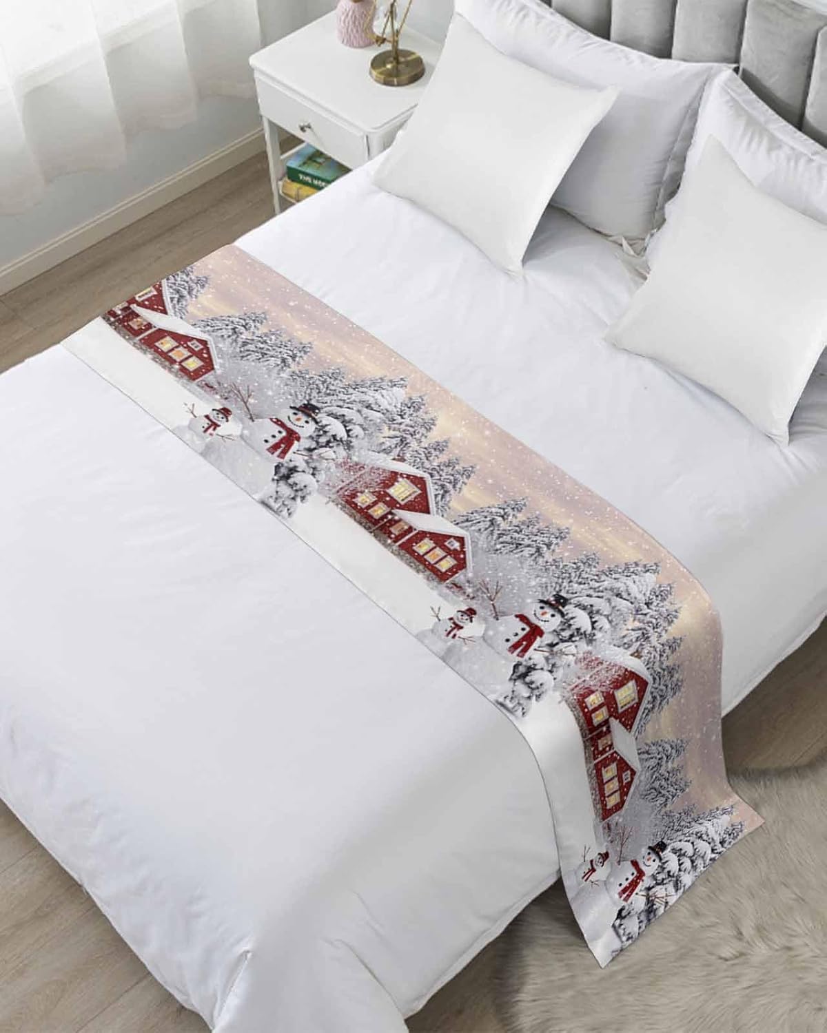 Christmas Bed Runners for Cal King Size Bed, Decorative Bed Runner Scarve, Snowflake Snowman Xmas Tree Farmhouse Bed Throws for Foot of Bed, Bedding Protector Slipcover for Bedroom Hotel