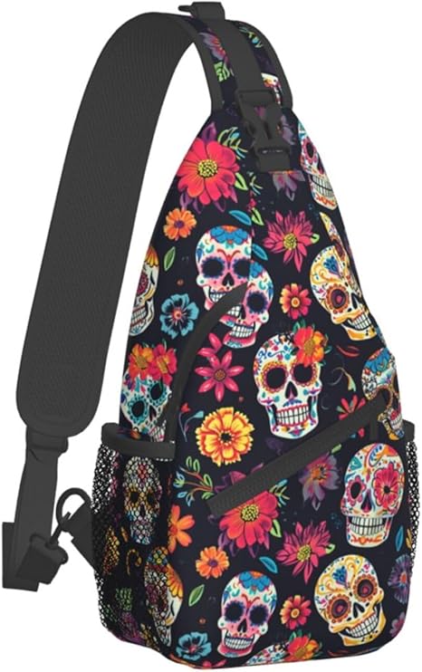 Colorfully Sugar-Skull Sling Backpack Hiking Backpack Crossbody Bag Sports Lightweight And waterproof Chest Bag Shoulder Bag For Women Men