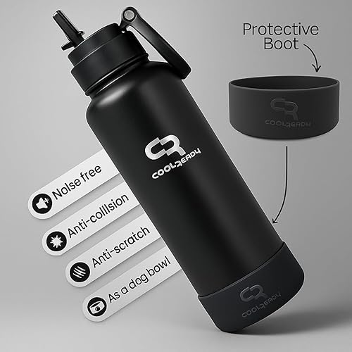 Miniatura 6 de Botella de agua negra de acero inoxidable de 40 onzas  Botella aislada de boca ancha con tapa de popote y boquilla, funda de silicona, botella