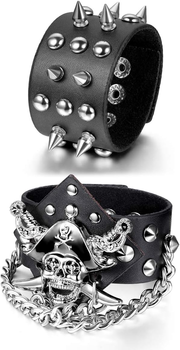 Aroncent 3PCS Spike Studded Bracelet: Rock Biker Wide Strap Bracelet Set Adjustable Spiked Leather Cuff Bracelet Goth Punk Accessories Valentines Day Halloween for Men Women