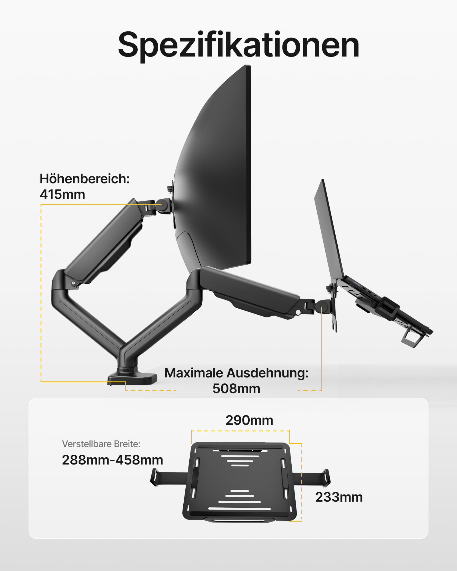 monTEK Laptop Halterung für Bildschirme bis 32 Zoll, Notebooks bis 18 Zoll | Dual Monitor Arm，Verstellbarer Laptop-Halterung, trägt bis zu 9 kg, Laptop Arm mit Klemme/Durchführungsbasis
