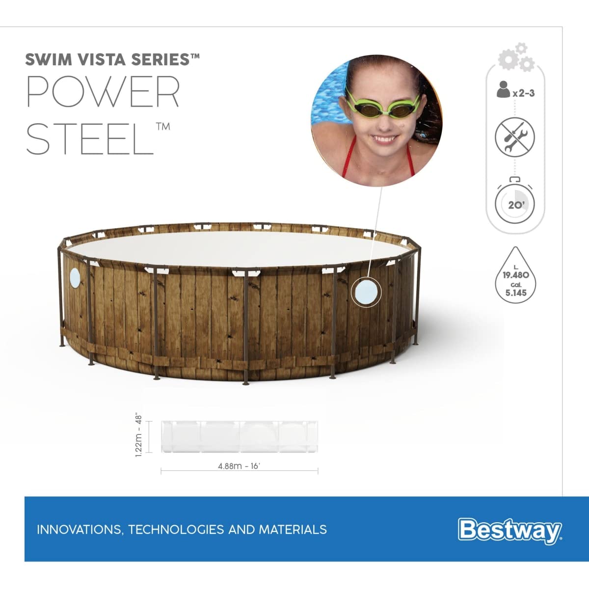 Bestway Power Steel Swim Vista Series Frame Pool Komplett-Set mit Filterpumpe Ø 488 x 122 cm, Holz-Optik (Pinie), rund