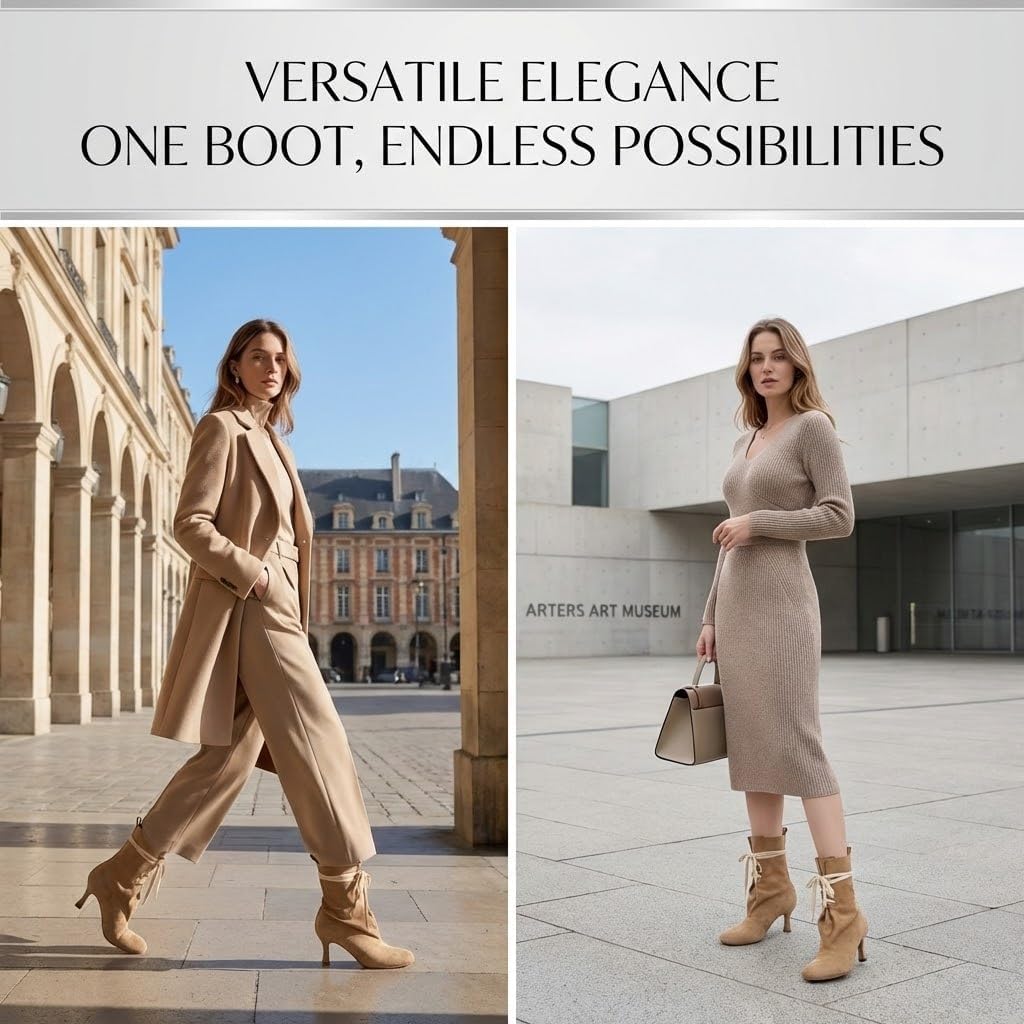 Women's Mid-Calf Boots Square Toe Stiletto Heel Lace Up, Slouch Stacked Suede Riding Boots for Women, Elegant Tall Boots US Size