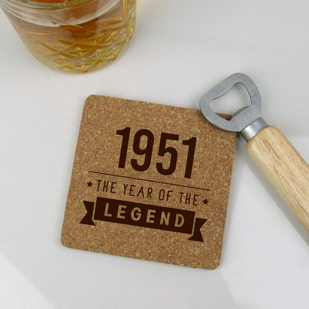 eBuyGB Drinks Mat, Placemat Engraved Square Coaster-1951 Year of The Legend Design-70th Birthday, Men-Seventieth Gift for Dad, Uncle, Brother, Cork