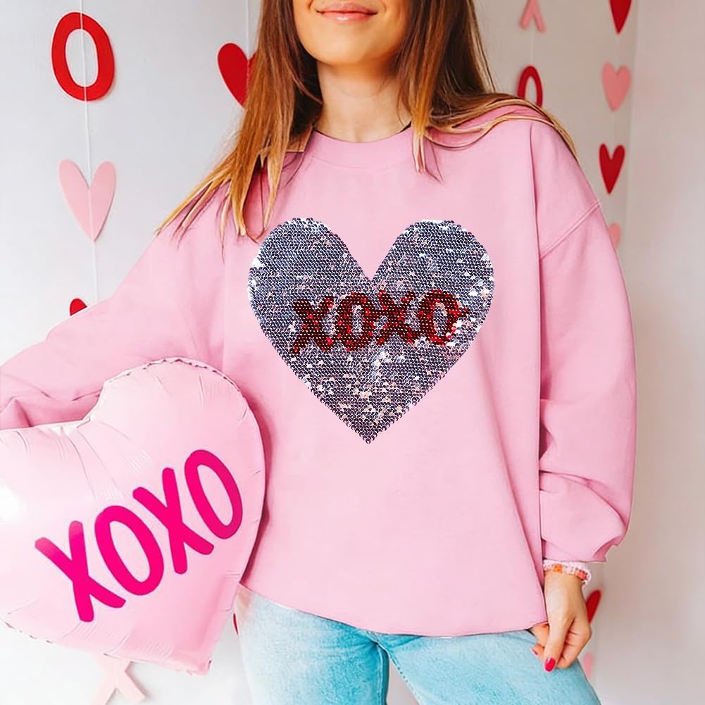 MNLYBABY Valentines Sequins Sweatshirts Women Valentine Heart Sweatshirt Casual Glitter Heart Graphic Pullover Tops - Image 4