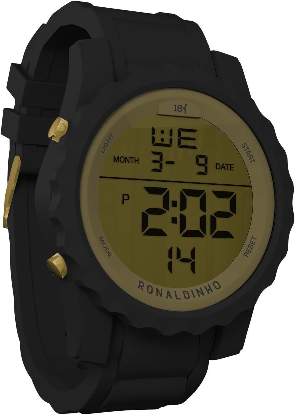18K Ronaldinho Watches Men's Carbon Gold Digital Watch, Black/Gold/Silver Accents