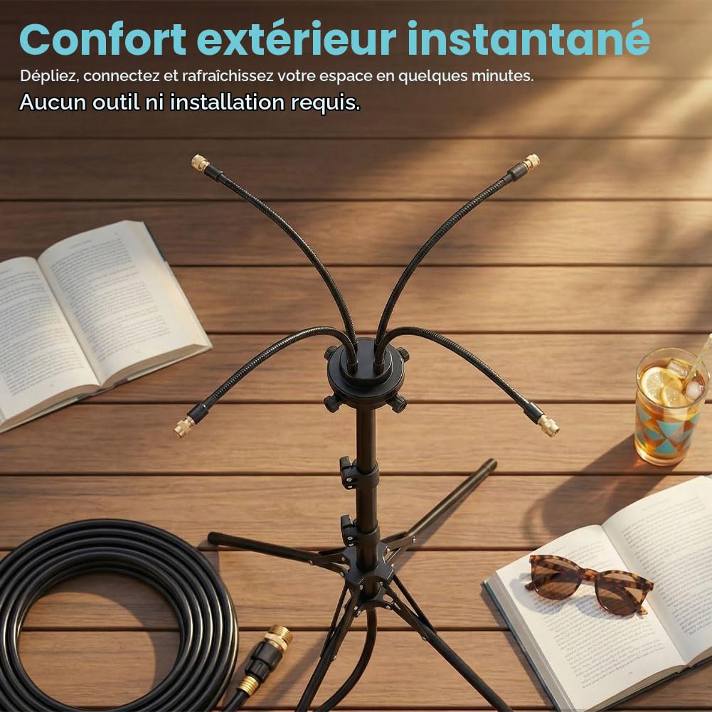 Générique Système de brumisation sur Pied réglable, 3,6 pi avec 2 hauteurs, Tuyau pour terrasse, Jardin, rafraîchissement Animaux – 4 Buses orientables, Portable (Noir)
