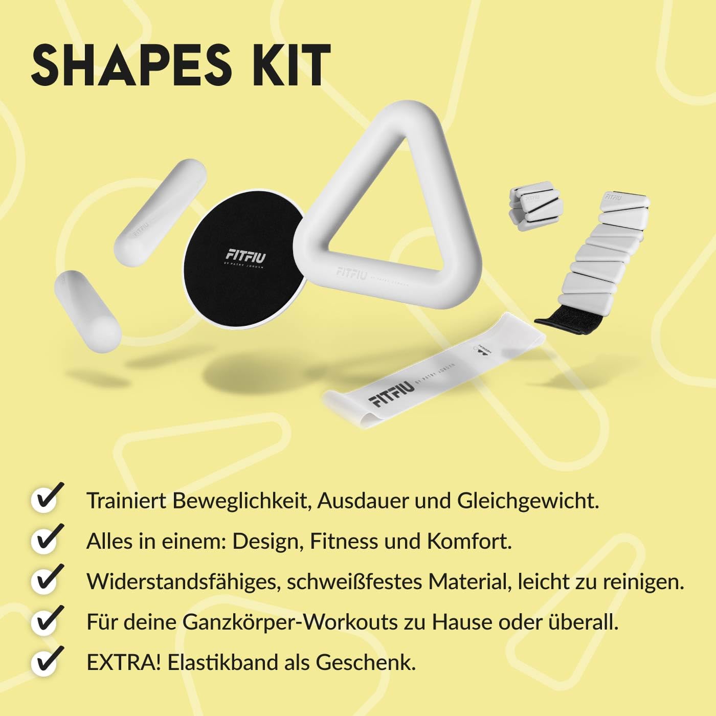 Fitfiu Fitness Shapes KIT - 4er-Pack Sportzubehör: 1 Kettlebell 2 Handgelenkbänder 2 Kurzhanteln 2 Gleitscheiben 1 Gummiband aus Stahl in weißem Silikon Shapes Collection by Patry Jordan