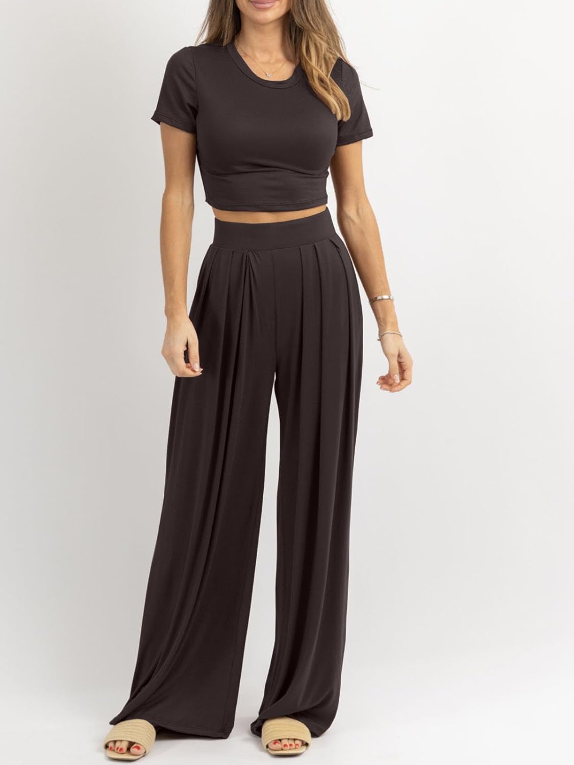 Womens 2 Piece Lounge Sets Summer Short Sleeve Crop Top Two Piece Outfit Wide Leg Palazzo Pants Set Matching Tracksuit - Image 2