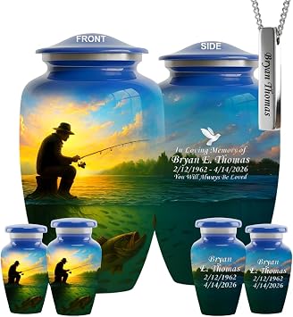 AmericUrn Fishing Custom Engraved Cremation Urn for Men Set of 6 Large Memorial Urn for Human Ashes with 4 Keepsake & Memorial Necklace