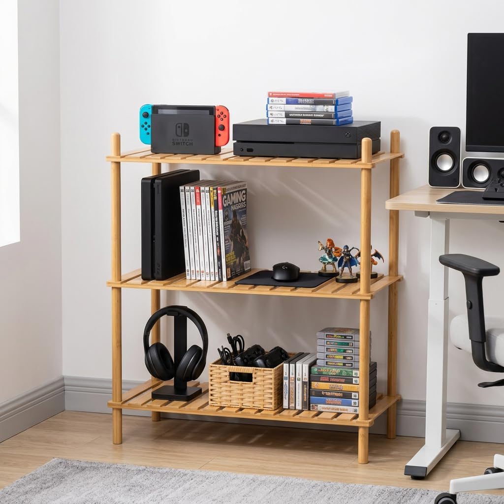3-Tier Expandable Bamboo Bookshelves and Bookcases,Heavy-Duty, Tool-Free, 31.8"Tall Shallow Book Shelf Organizer Rack, Freestanding Storage Shelving Unit for Living Room, Kitchen, Bathroom, Office