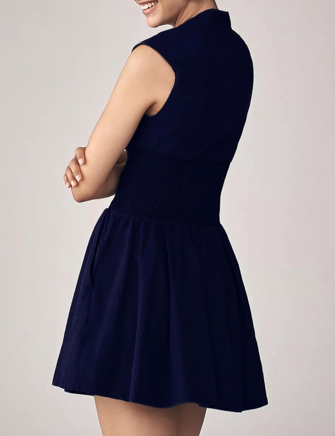 Women’s V Neck Summer Dress Cap Sleeve Zipper Mini Dress Smocked Slit Dress with Pockets - Image 4