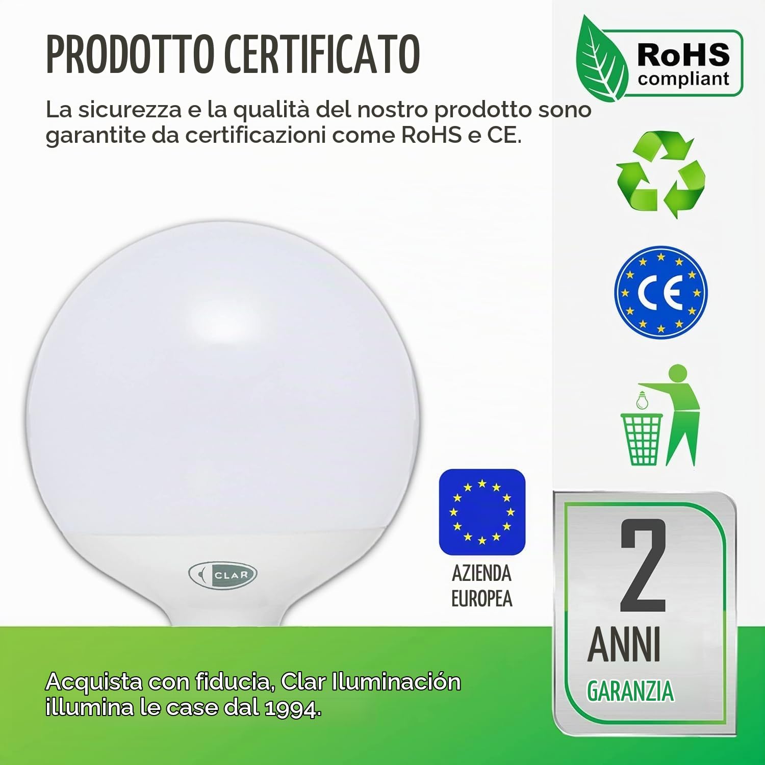 CLAR - Lampadina Led E27 Sfera Grande, Globo, E27 LED 3000K 15W (Pack 6)
