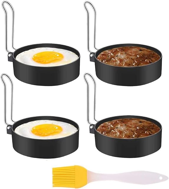 ETAOLINE Egg Rings Non Stick for Frying for Fried Eggs, Pancakes, Mcmuffin, Omelettes, Crumpets, 4 Pack Fried Egg Rings with One Silicone Brush