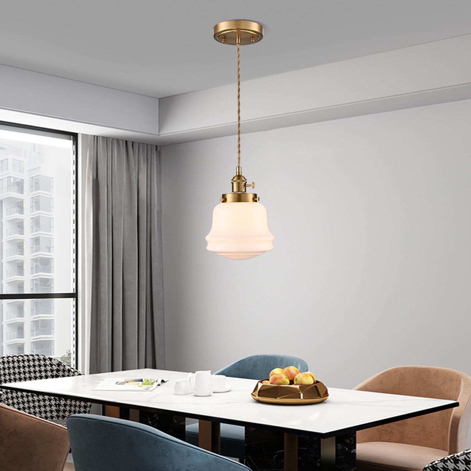 Industrial Milk Glass Pendant Light Fixture, Vintage Brass Adjustable Schoolhouse Hanging Light, Retro Mid Century Pendant Lighting for Kitchen Island Hallway Schoolhouse Dining Room Bedroom
