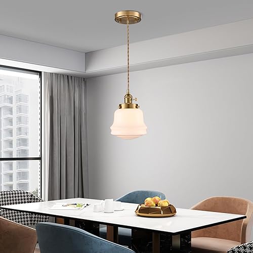 Miniatura 3 de Lámpara colgante de vidrio de leche industrial, lámpara colgante ajustable de latón vintage, iluminación colgante retro de mediados de siglo para