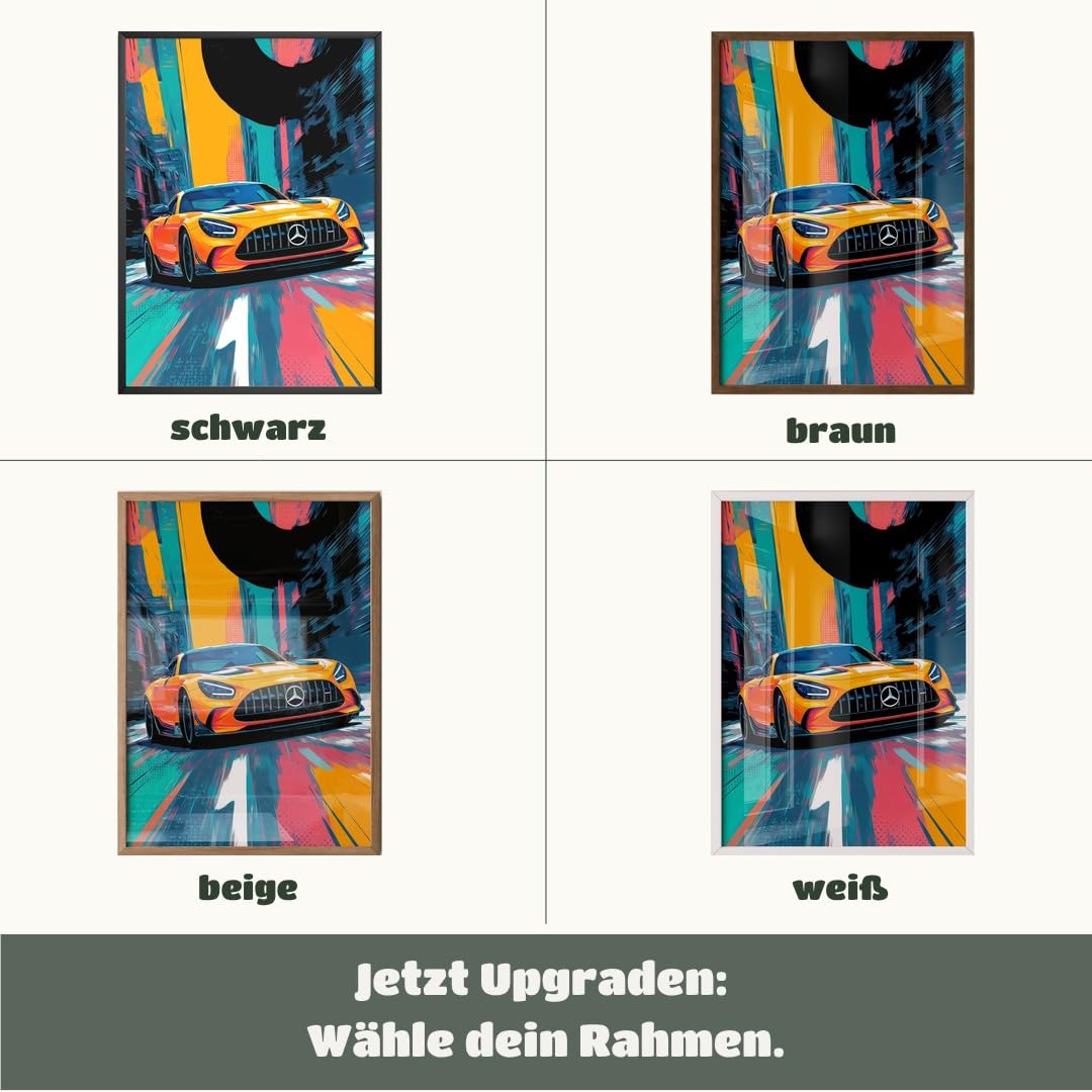 MJ-GRAPHICS® Poster Sportwagen Kunstdruck futuristisches Wandbild abstrakt orange blau urban Deko fürs Wohnzimmerbilder Auto Deko Bilder Büro Wanddeko A2 mit beigem Rahmen