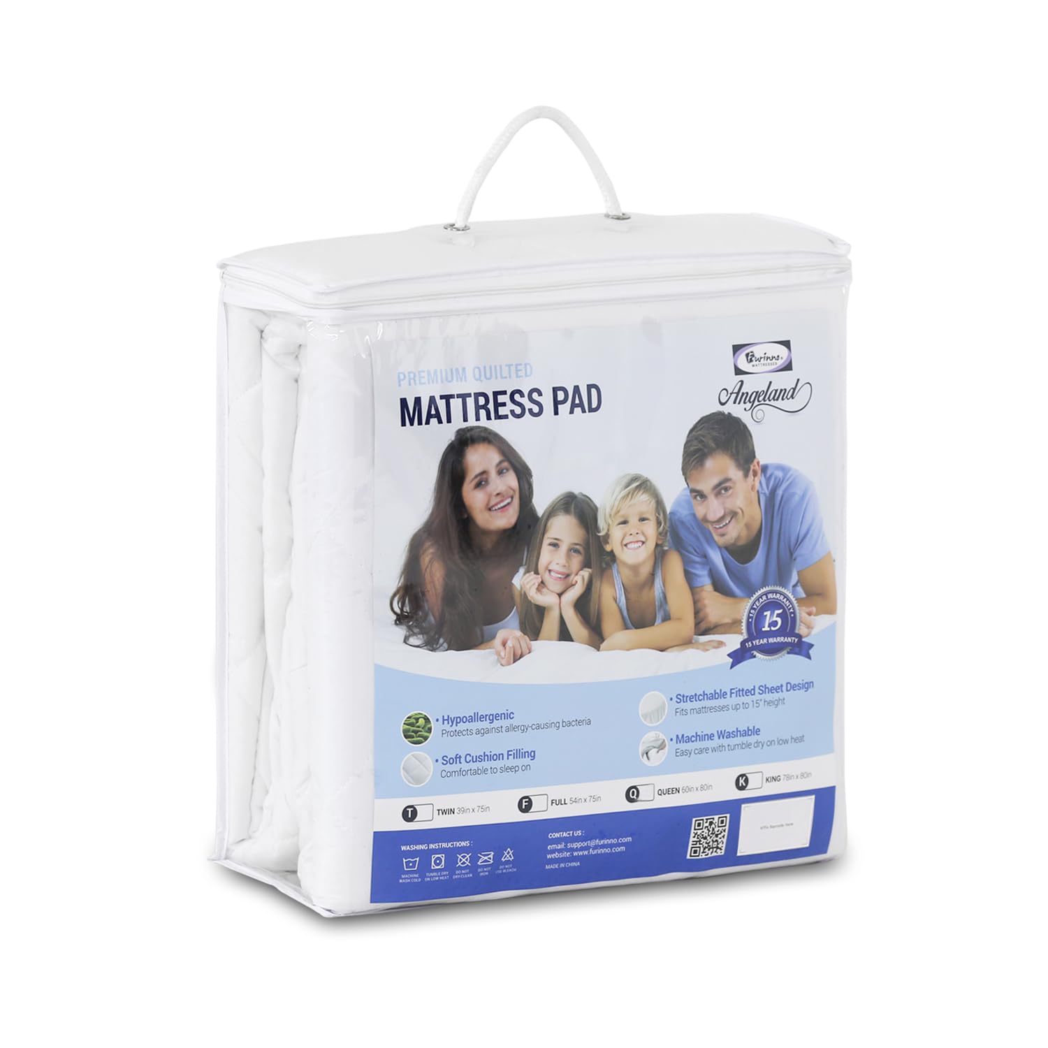 Furinno Angeland Fitted Mattress Pad, Mattress Protector Top, White | Twin Size, Quilted, Fit Mattresses up to 15" Tall, Machine Washable-image-48