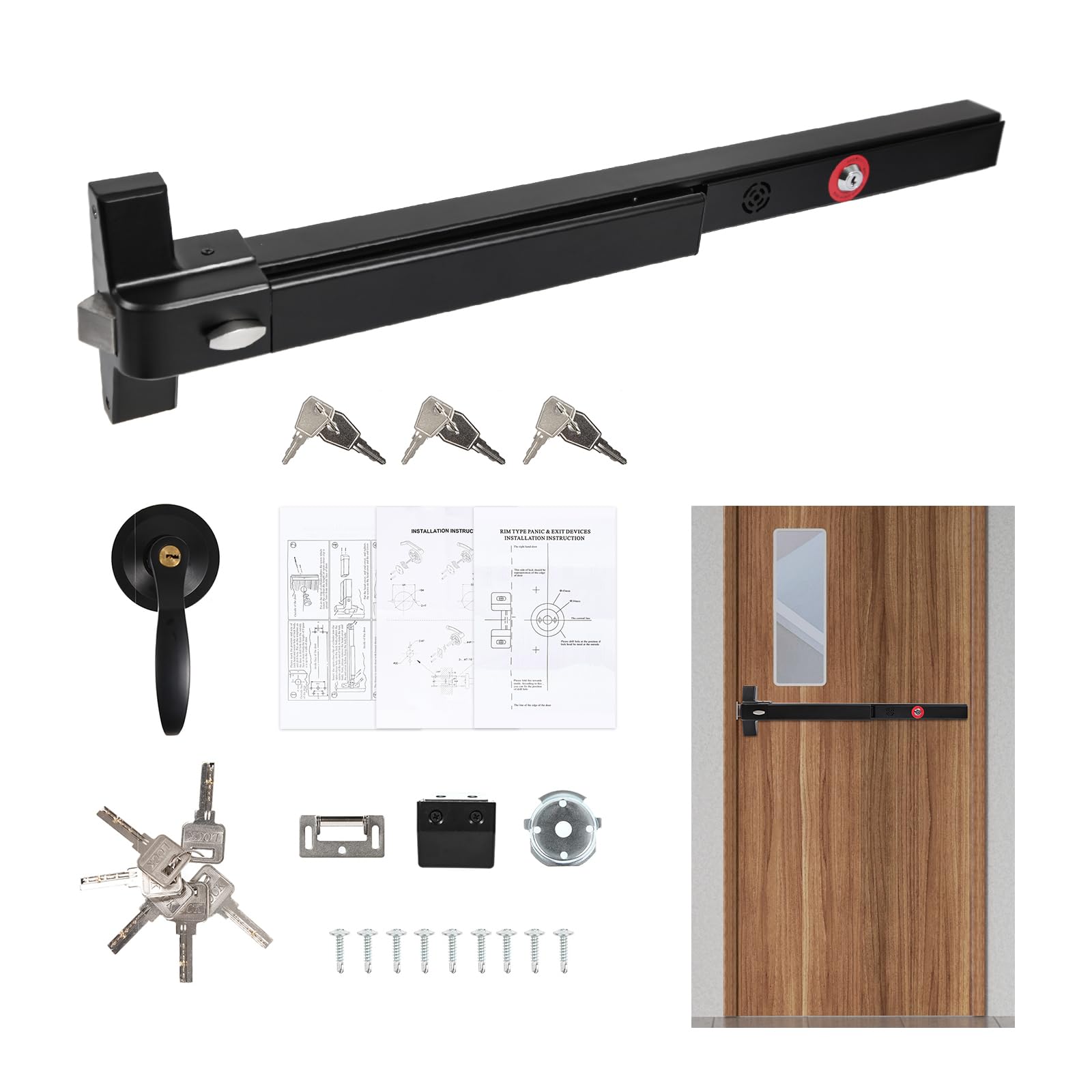 BEAMNOVA Commercial Door Push Bar Panic Exit Device with Alarm Exterior Lever Roller Strike Plate End Cap Lock Key Set for 27.5 to 41 inches Wide Door, Black