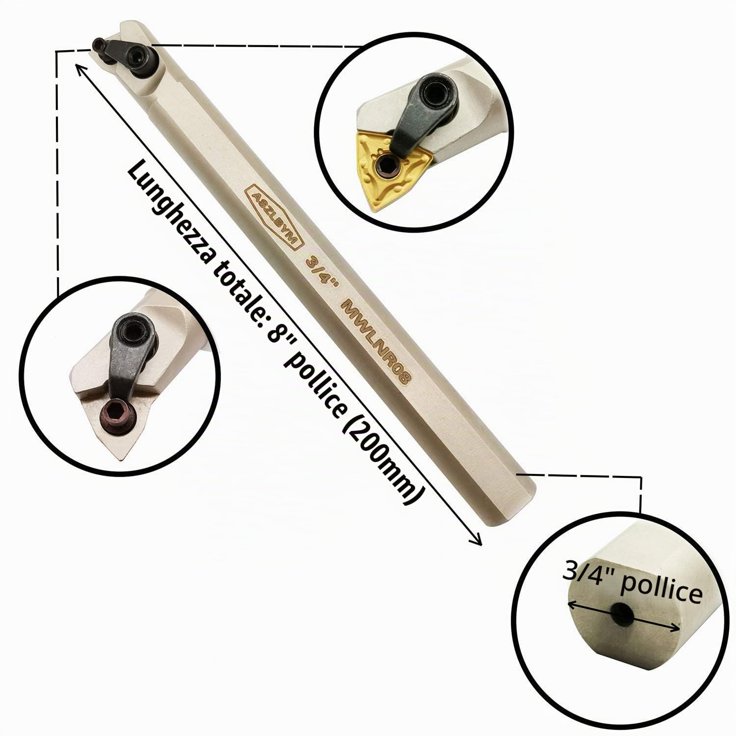 3/4" Portautensili Per Tornitura Con Barra Di Alesatura Interna Per Tornio S20R-MWLNR08 Con Inserto Per Tornitura in Metallo Duro Indicizzabile WNMG432