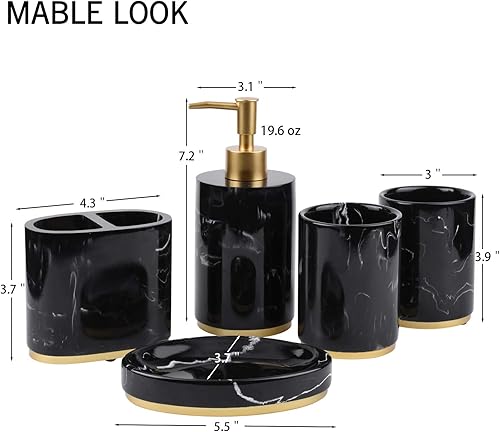 Miniatura 6 de Juego de accesorios de baño de mármol negro, 5 piezas, juegos de baño de resina con soporte para cepillo de dientes, dispensador de jabón, jabonera,