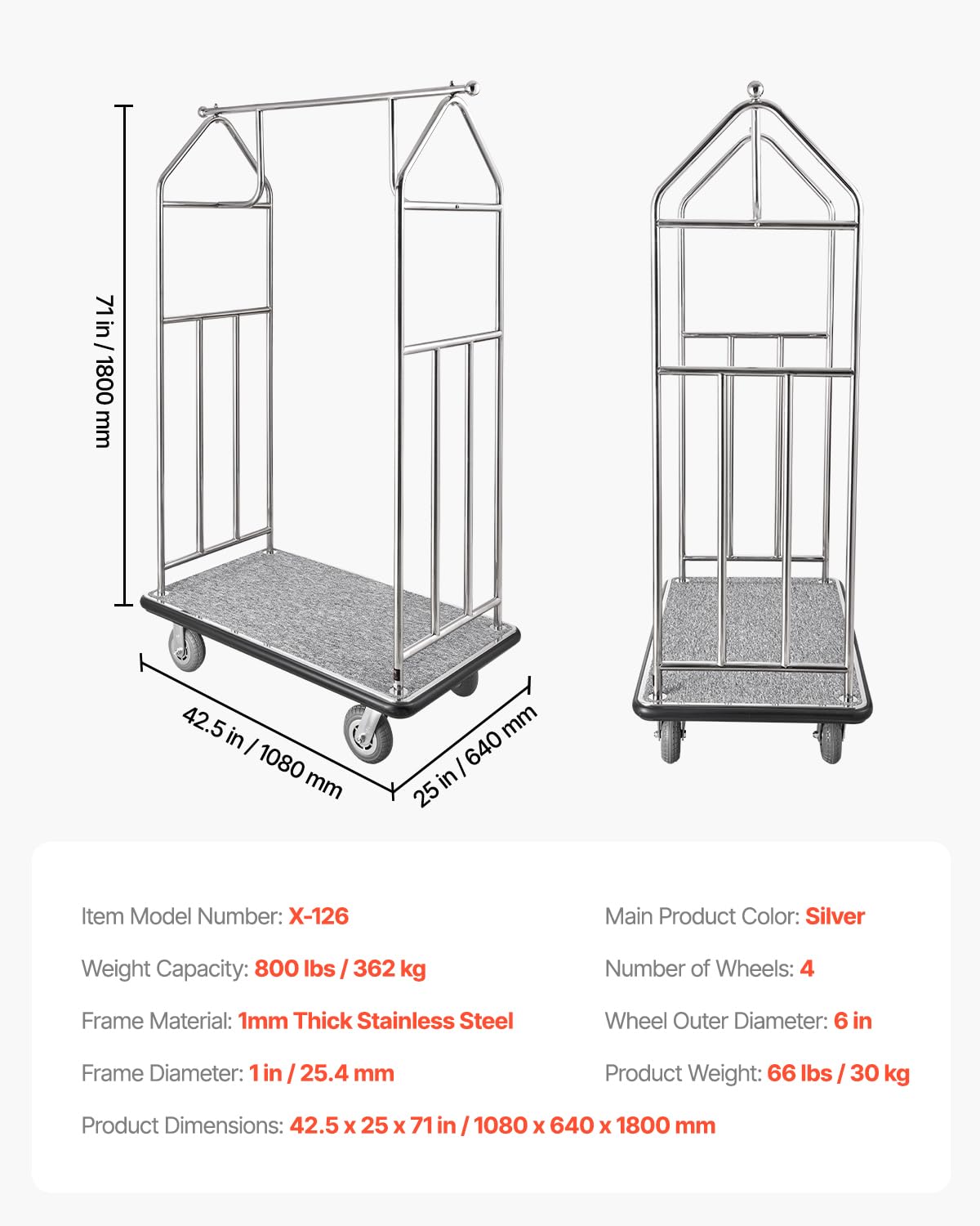 VEVOR Chariot à Bagages Hôtel, 362 kg, Chariot à Plate-Forme de Concierge, Finition INOX Brossé, avec Moquette Grise, Roues Caoutchouc 15,24 cm, Porte-Bagages pour Hôtels, Condos, Complexes Hôteliers