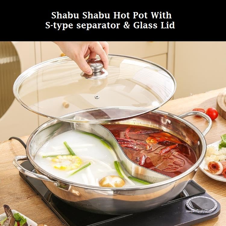 Matiko 304 Stainless Steel Hot Pot with Divider, Pot with Glass Lid | Food Grade Steel Hot Pot with Divider and Glass Lid - Perfect for Shabu Shabu | Multi-Purpose Steel Cooking Pot
