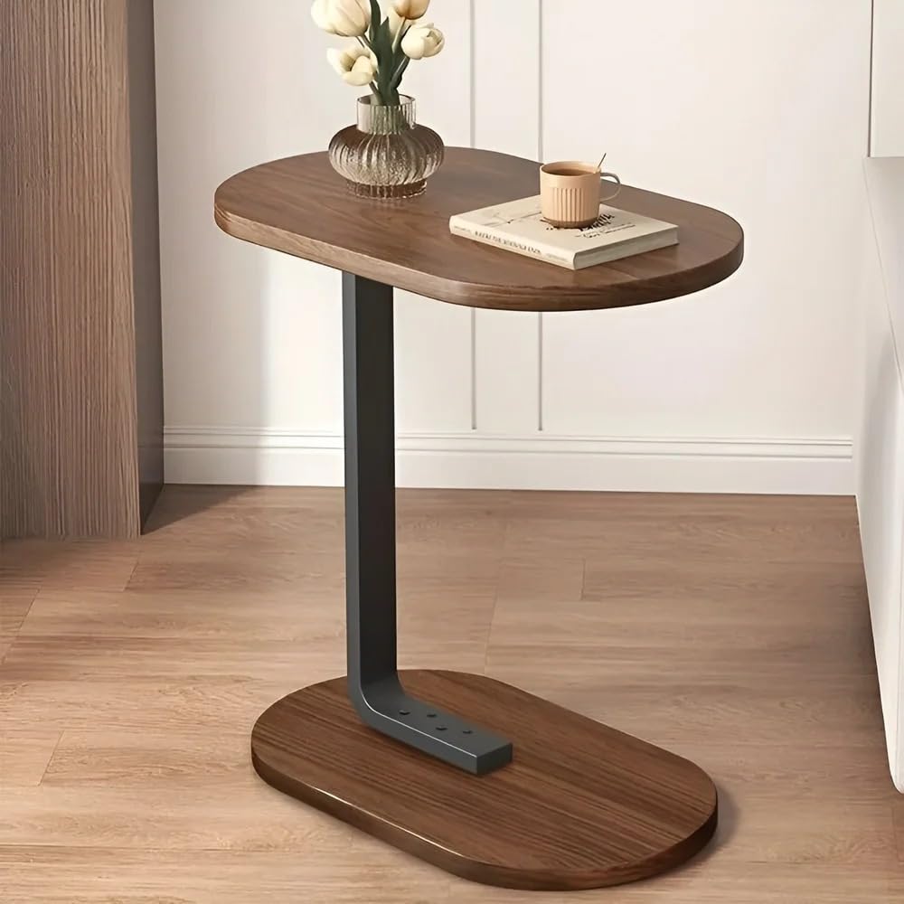 owme modern c-shaped side table wooden finish top with metal frame | space saving sofa bedside laptop table | over couch snack coffee table for living room bedroom office | compact end table