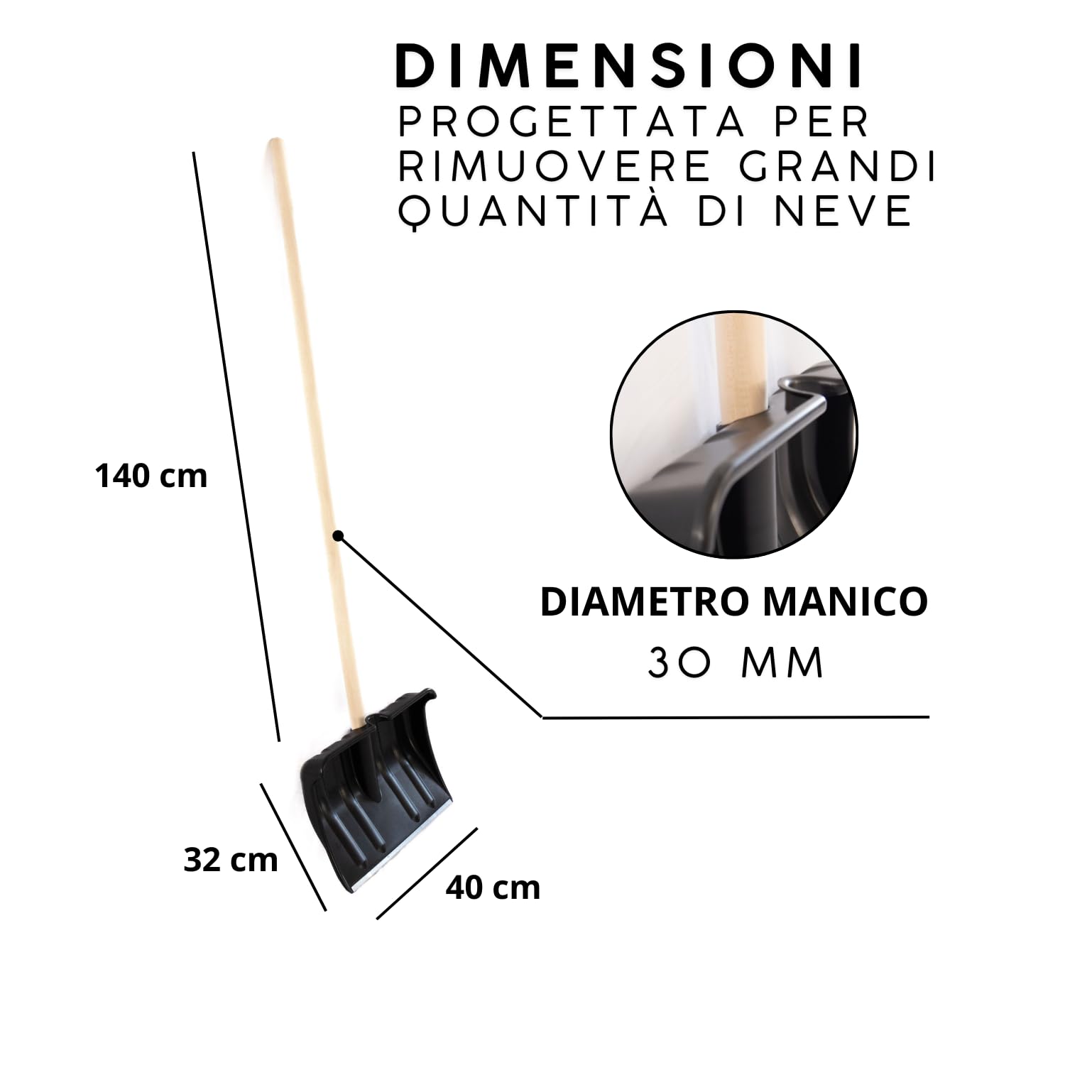 Pala da Neve Nera Multifunzione Manico Legno Lama in Plastica Rinforzata Resistente Bordo Metallo Larghezza Lavoro 40 cm Spala Neve Foglie Terreno Giardinaggio