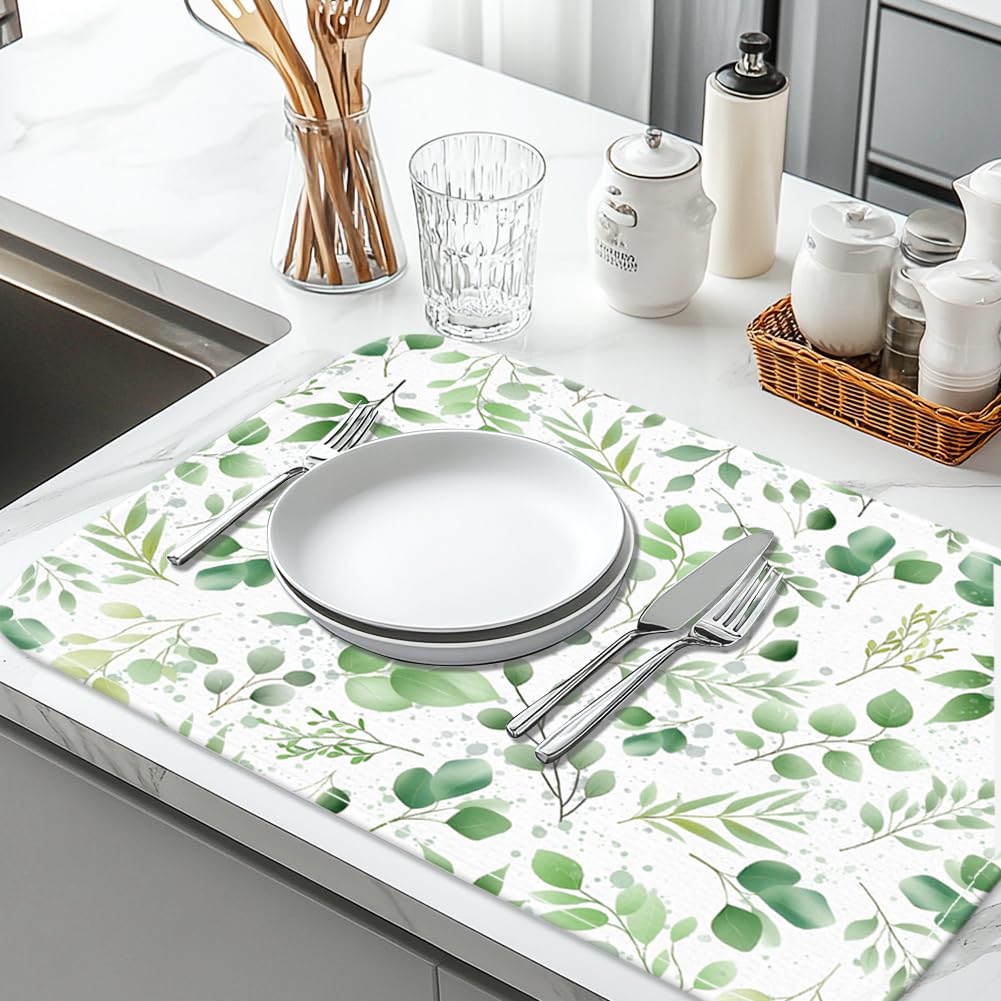 INFUNLY Green Leaf Dish Drying Mat for Kitchen Counter 18"X24" Plant Leave Absorbent Dish Draining Mat Large Modern Heat Resistant Coffee Bar Mat for Table Faucet Sink Coffee Bar Refrigerator - Image 3