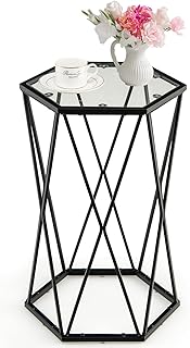COSTWAY Hexagonal Coffee Table, Metal Frame Small Sofa End Side Table with Tempered Glass Top, Modern Narrow Nightstand Accent Snack Tea Table for Living Room, Bedroom and Balcony (40 x 35 x 61cm)