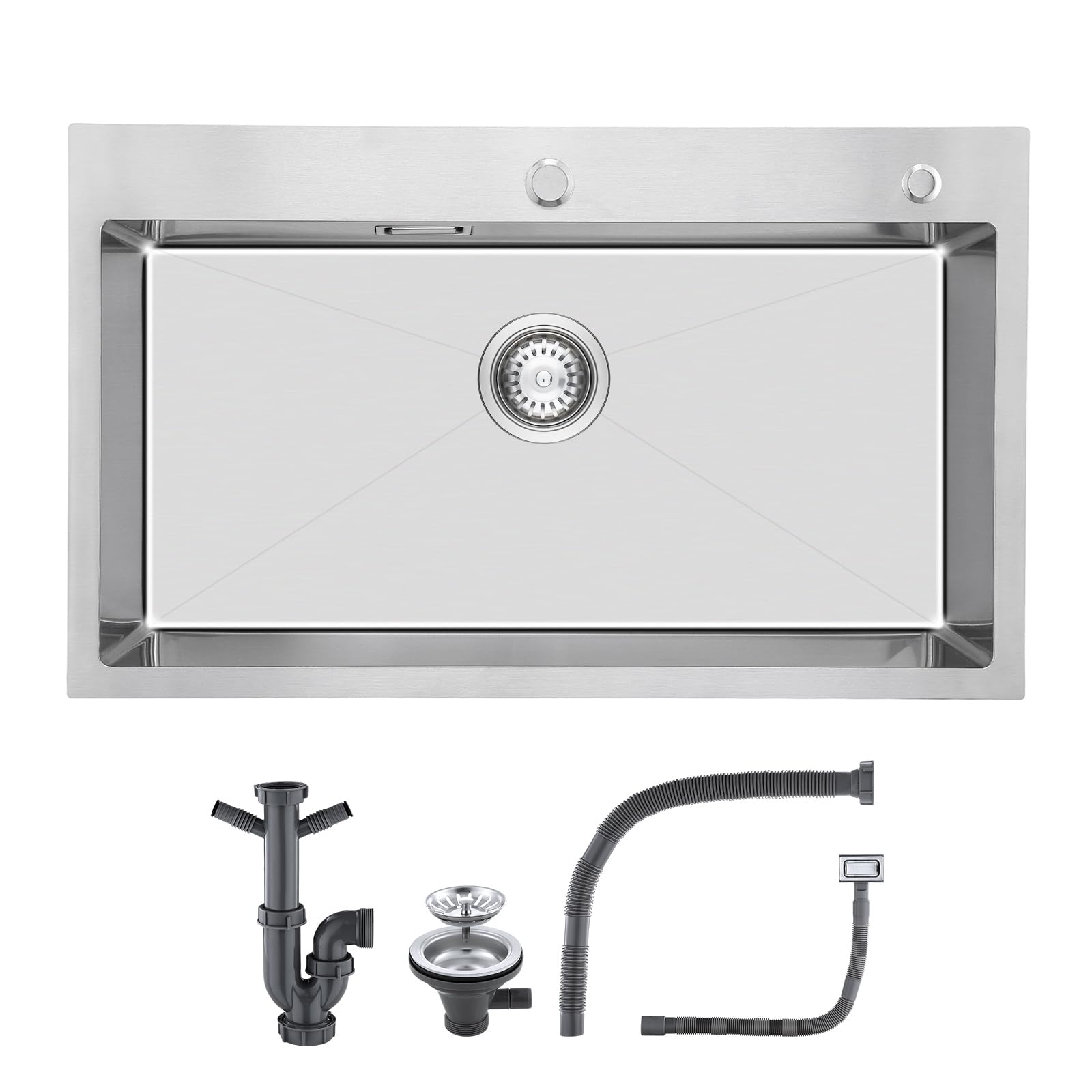 Lavandino in acciaio inox 304, 75 x 50 cm, lavello da incasso, lavello in acciaio inox con foro per rubinetto e troppopieno, lavello da cucina rettangolare per 80 cm