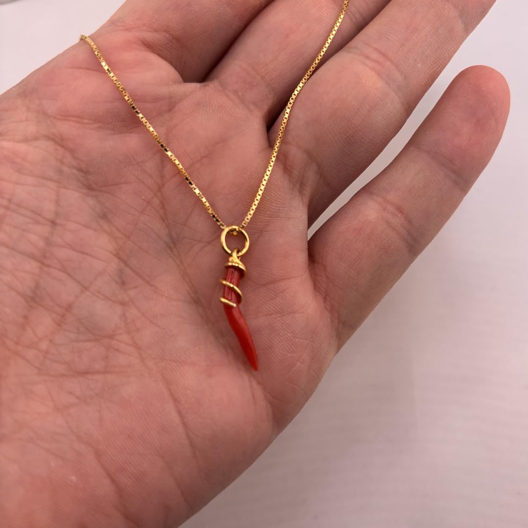 Collana con ciondolo cornetto in corallo rosso naturale e giro di argento 925 dorato fatto a mano catenina veneziana 40/45/50 cm a scelta gioiello fatto a mano unisex uomo donna