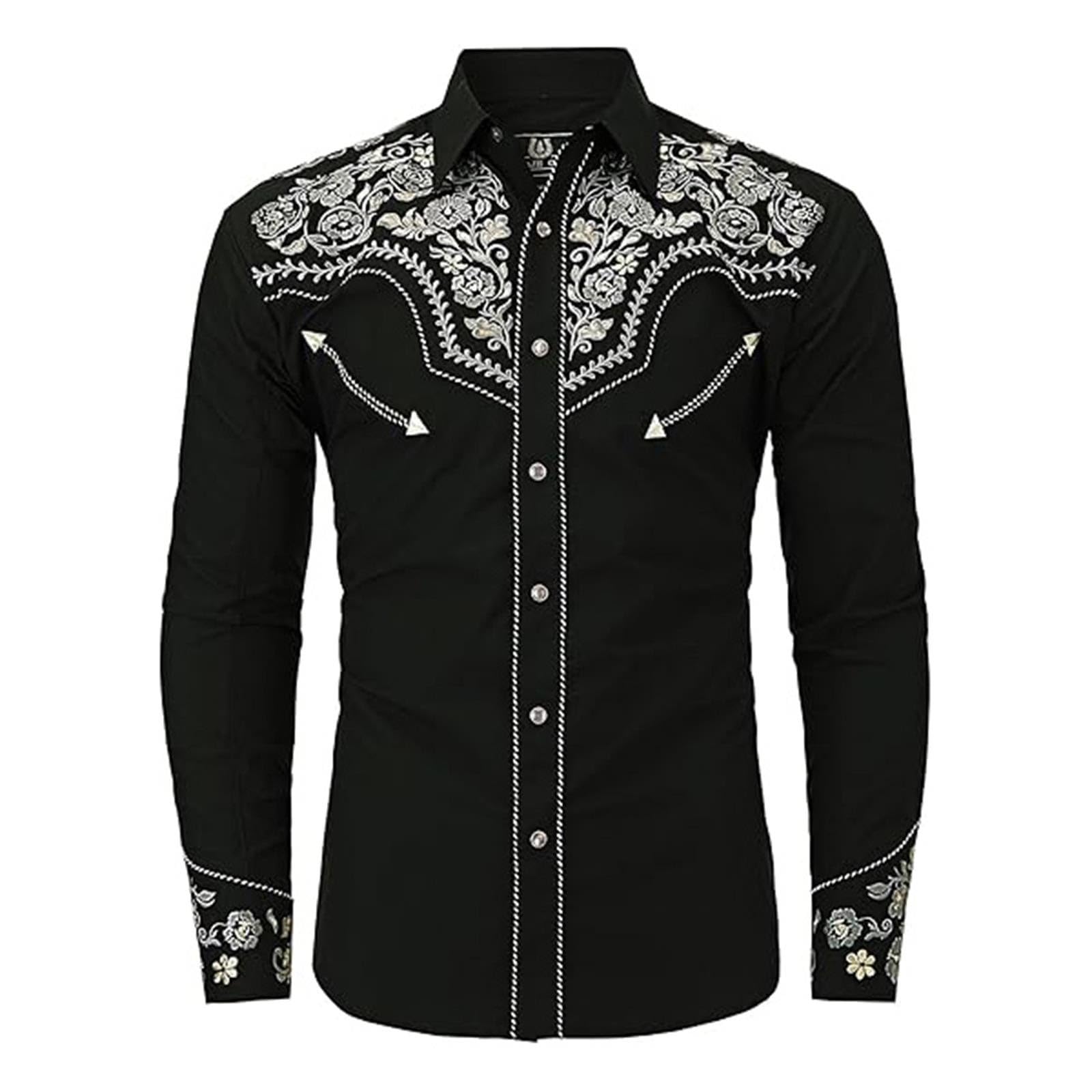 Cowboy Shirts for Men Button Down with Embroidered Western 70s Long Sleeve Cowboy Outfit Fancy Dress Country and Western Clothing for Oktoberfest Halloween and Costume Party,Grey,L