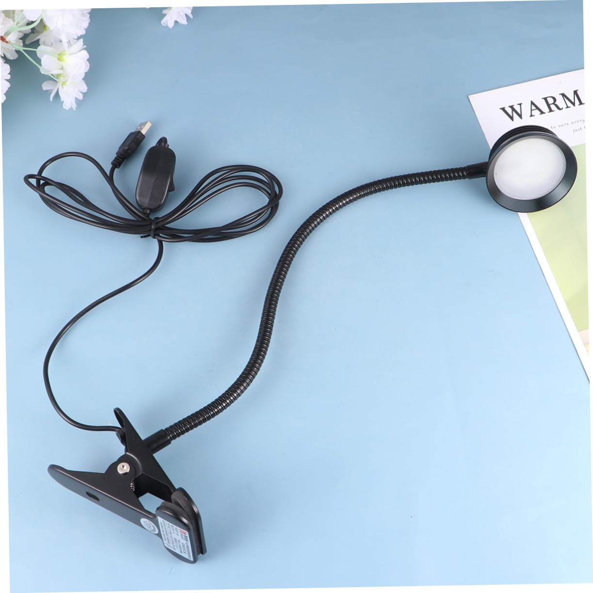 Lampada da Studio Clip LED, Collo di Cigno Flessibile, Regolazione Luminosità 2 Livelli, Alimentazione USB, per Uso a Letto
