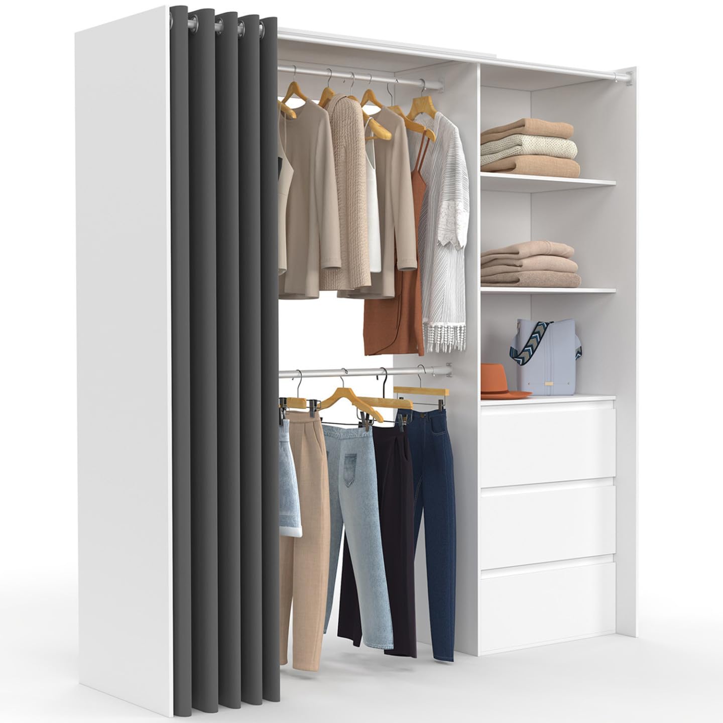IDMarket - Dressing extensible MARTY 120/​170 x 50 x 180 cm blanc avec 3 tiroirs + étagères + double penderie + rideau gris