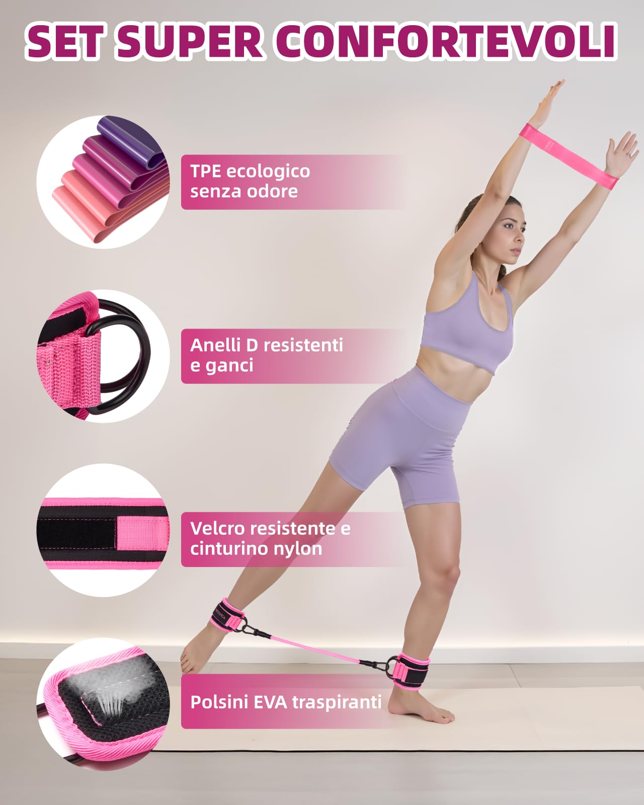 Set di Elastici Fitness, 12 Pezzi - con Elastici e Cavigliere Regolabili con Fibbia per Allenamento Fitness, Yoga, Home Gym, Attrezzatura di Alta Qualità, Include Guida e Borsa Pratica