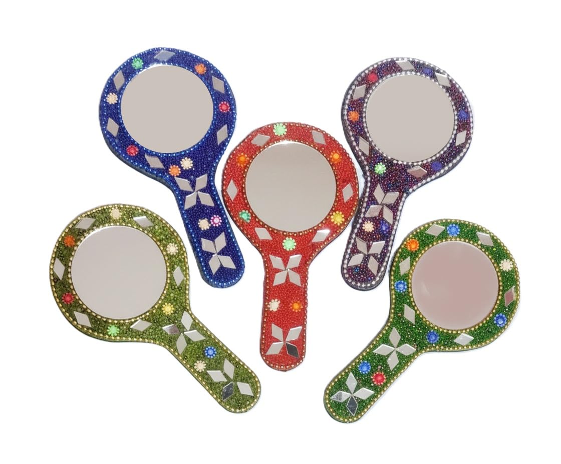 Decorative Hand Mirror Set, Glitter Beaded Design, 12 x 7 cm, Pack of 5, Multicolor Small Handheld Mirrors for Makeup-image-10