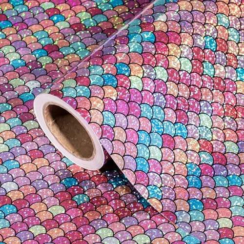 WRAPAHOLIC Mermaid Wrapping Paper Roll - Mini Roll - 17 Inch x 9.8 Feet - Holographic Mermaid Scales Wrapping Paper for Girls Birthday Baby Shower Kids Party