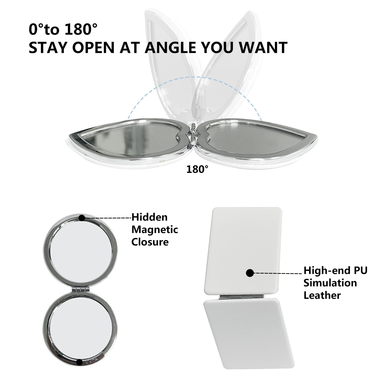 2 Pezzi Specchio Compatto de Borse PU,Mini Specchio Trucco Doppio Pieghevole per Viaggio,73MM/80MM (bianco)