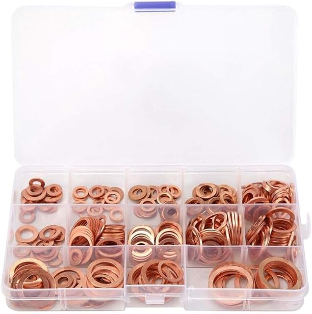 280Pcs 12 Sizes Flat Copper Washer Flat Sealing Ring Assortment Kit 5/6/8/10/12/14/16/M20 with Plastic Box